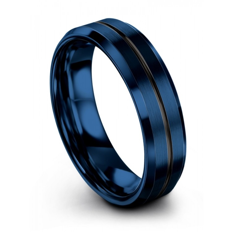 R115 TT 6mm Blue/Black Stripe Stainless Steel Wedding Band Ring Size 6-13 